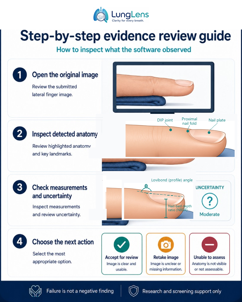 Evidence review guide showing image, landmarks, and next actions