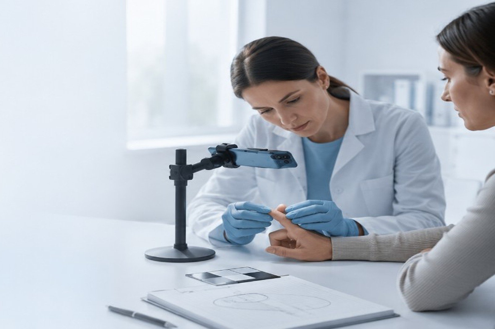 A clinician capturing a finger photograph with a phone on a stand.