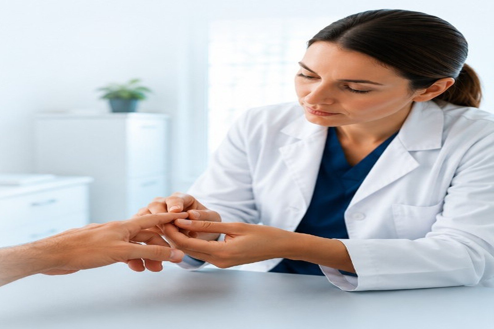 A clinician examining a patient's fingers during an assessment.