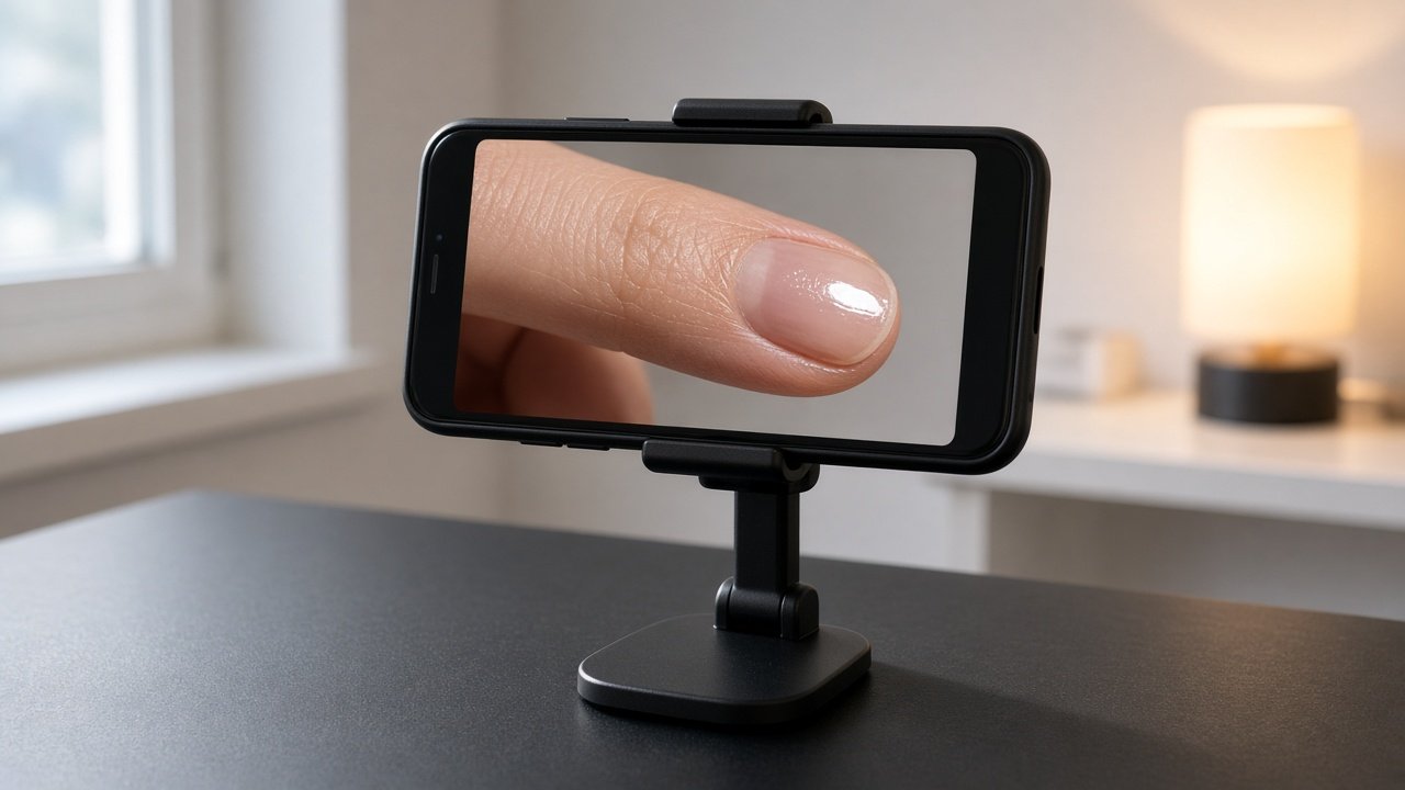 A phone on a stand showing a close photograph of a fingernail under mixed lighting.